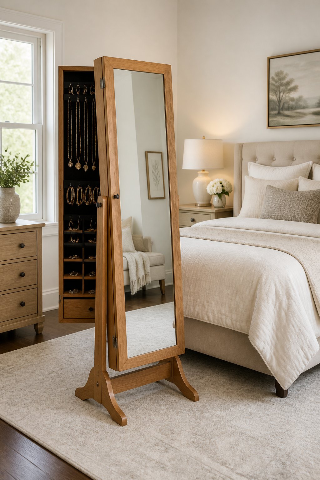 A bedroom with a freestanding full-length cheval mirror and built-in jewelry storage.