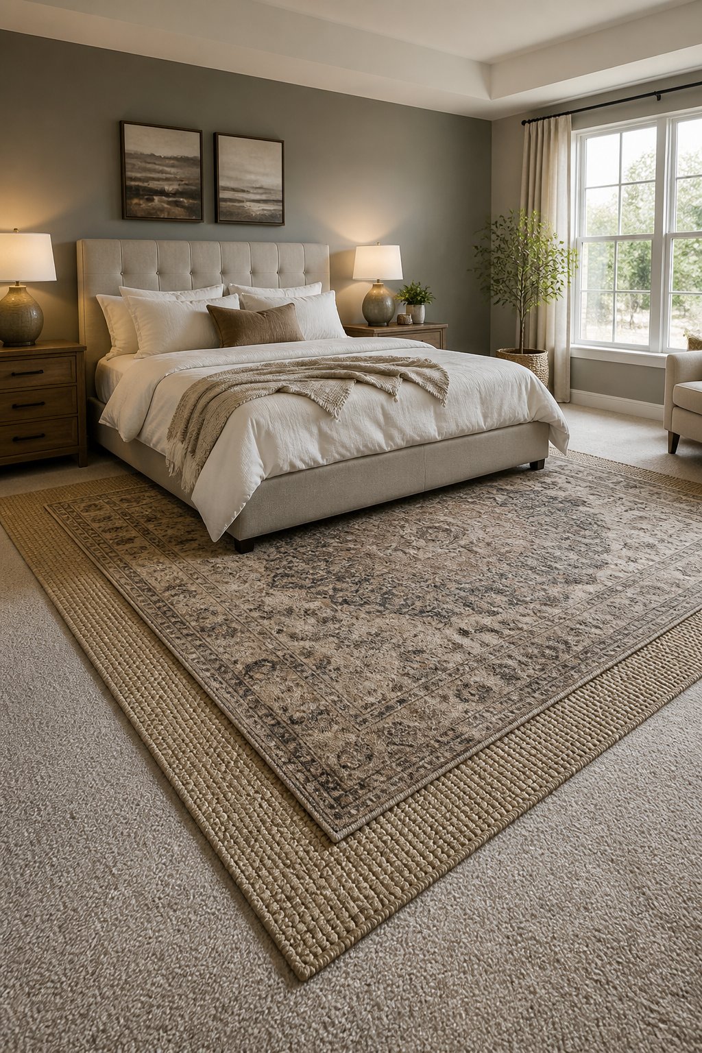 A stylish bedroom with a decorative rug layered over wall-to-wall carpet beneath a neatly made bed.