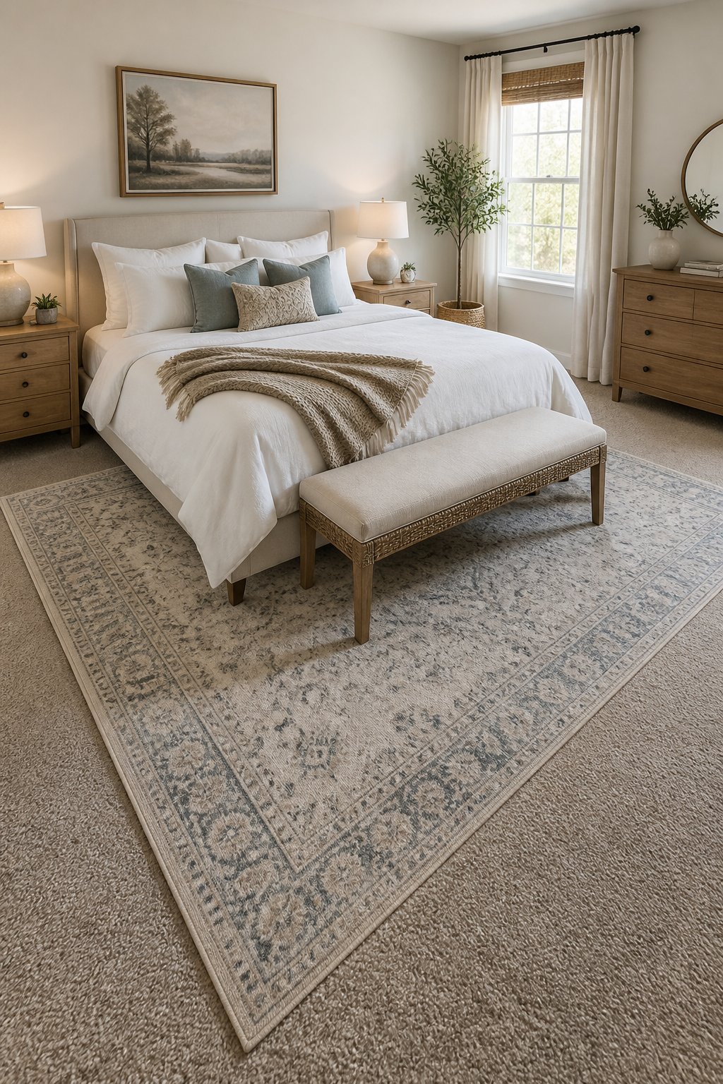 A queen bed sits on a patterned area rug layered over carpet in a softly decorated bedroom.
