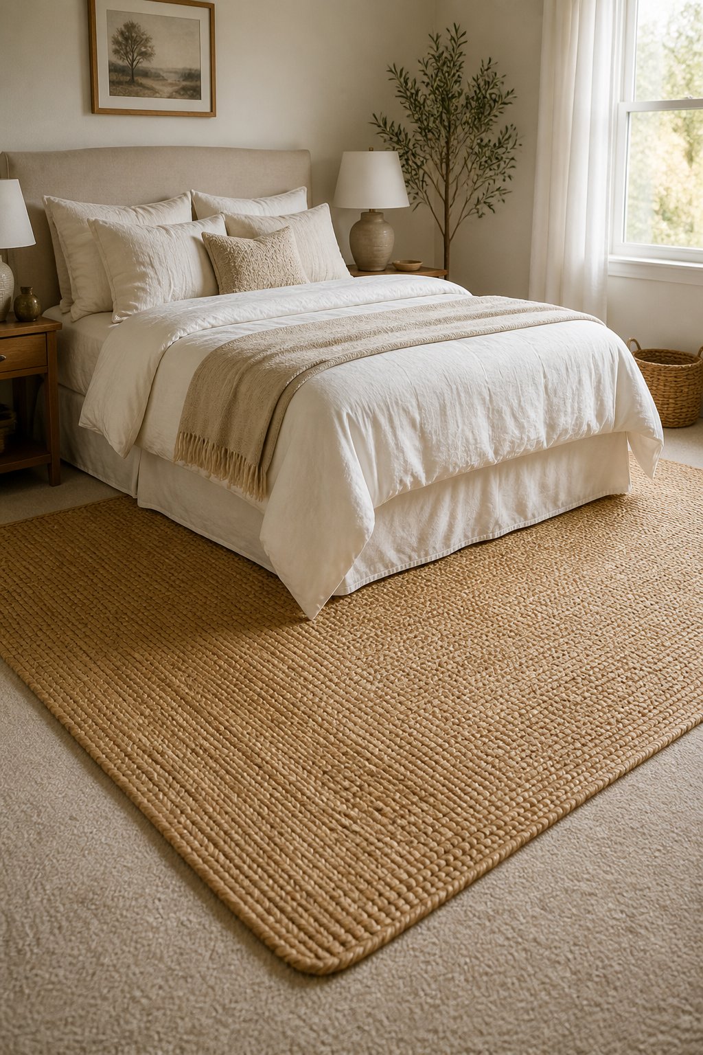 A warm neutral bedroom with a natural jute rug layered over wall-to-wall carpet beneath a neatly made bed.
