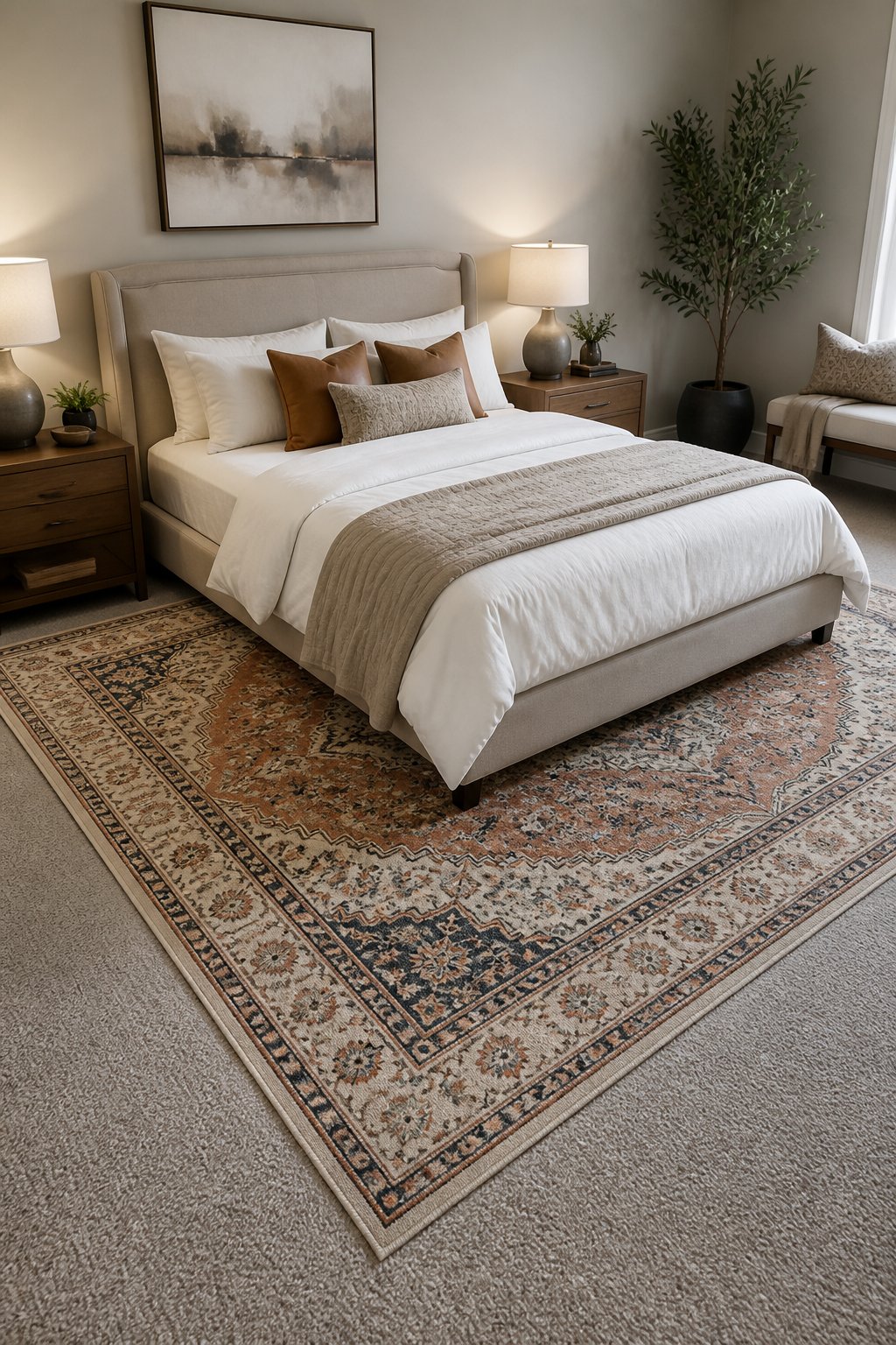 A bedroom with a patterned area rug layered over carpet beneath a neatly made bed.