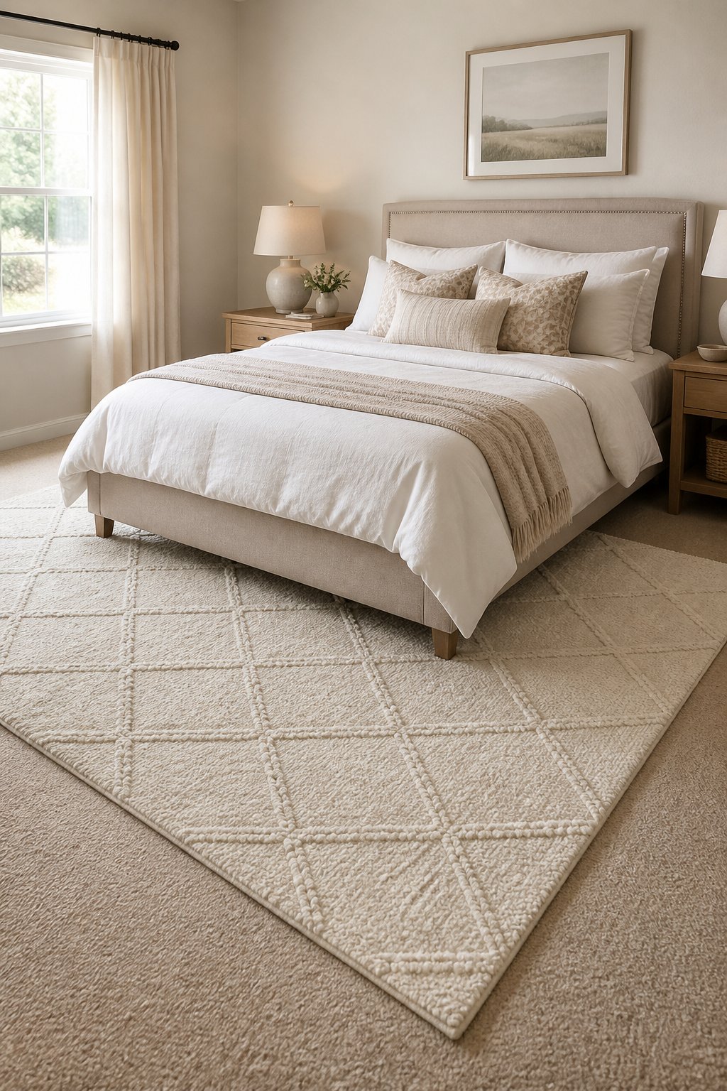 A neutral bedroom with a patterned ivory rug layered over beige carpet beneath a neatly made bed.