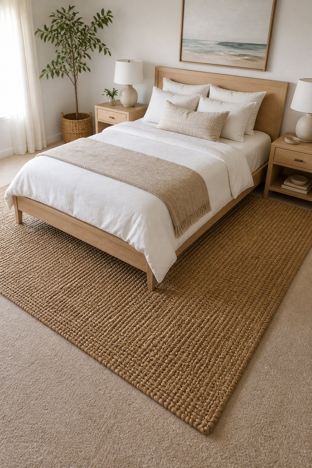 A light-wood bed sits on a natural jute rug over beige bedroom carpet.