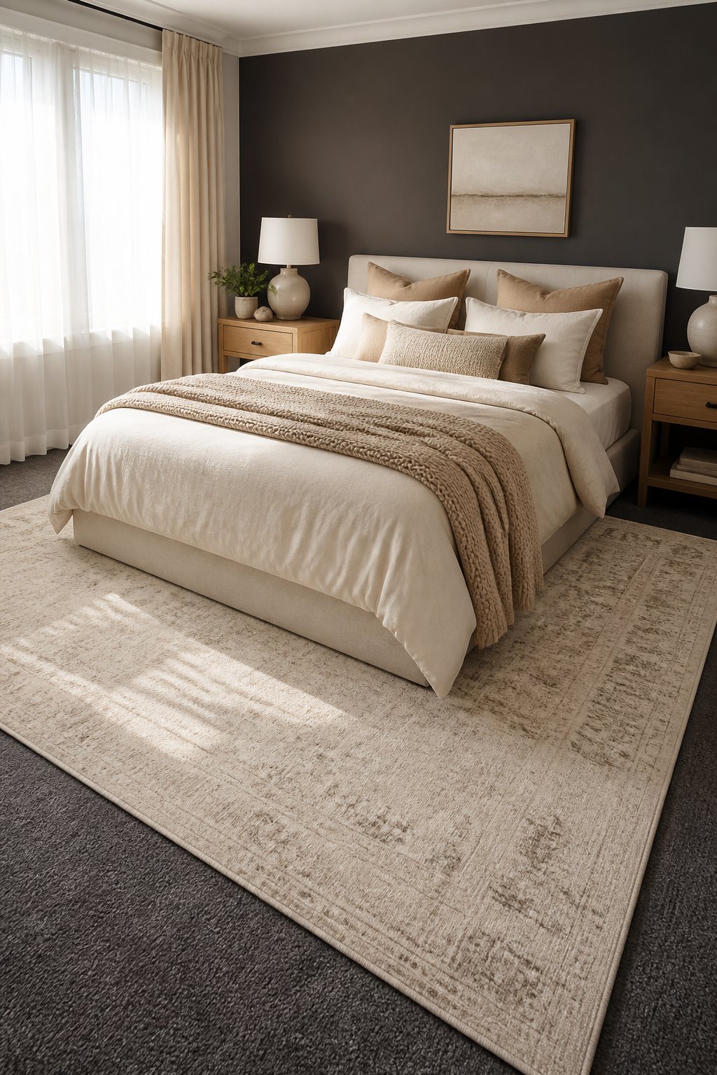 A bright bedroom with an ivory patterned rug layered over dark carpet beneath a neatly made bed.
