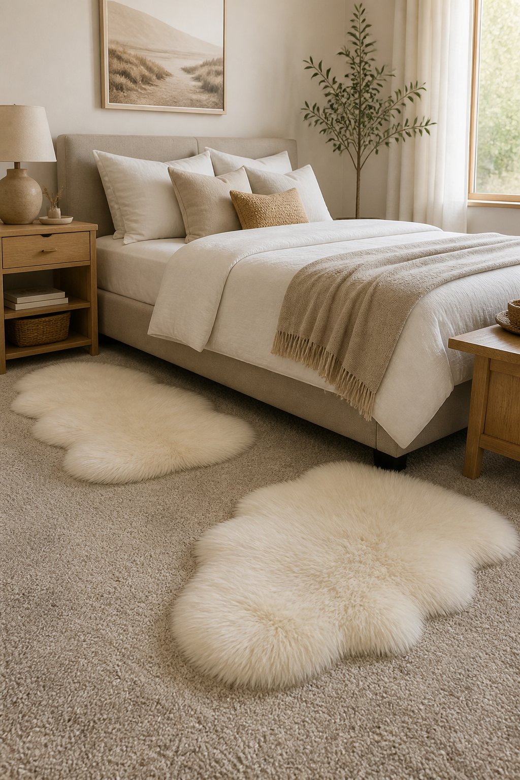 A cozy bedroom with white sheepskin rugs placed beside a neatly made bed on neutral carpet.