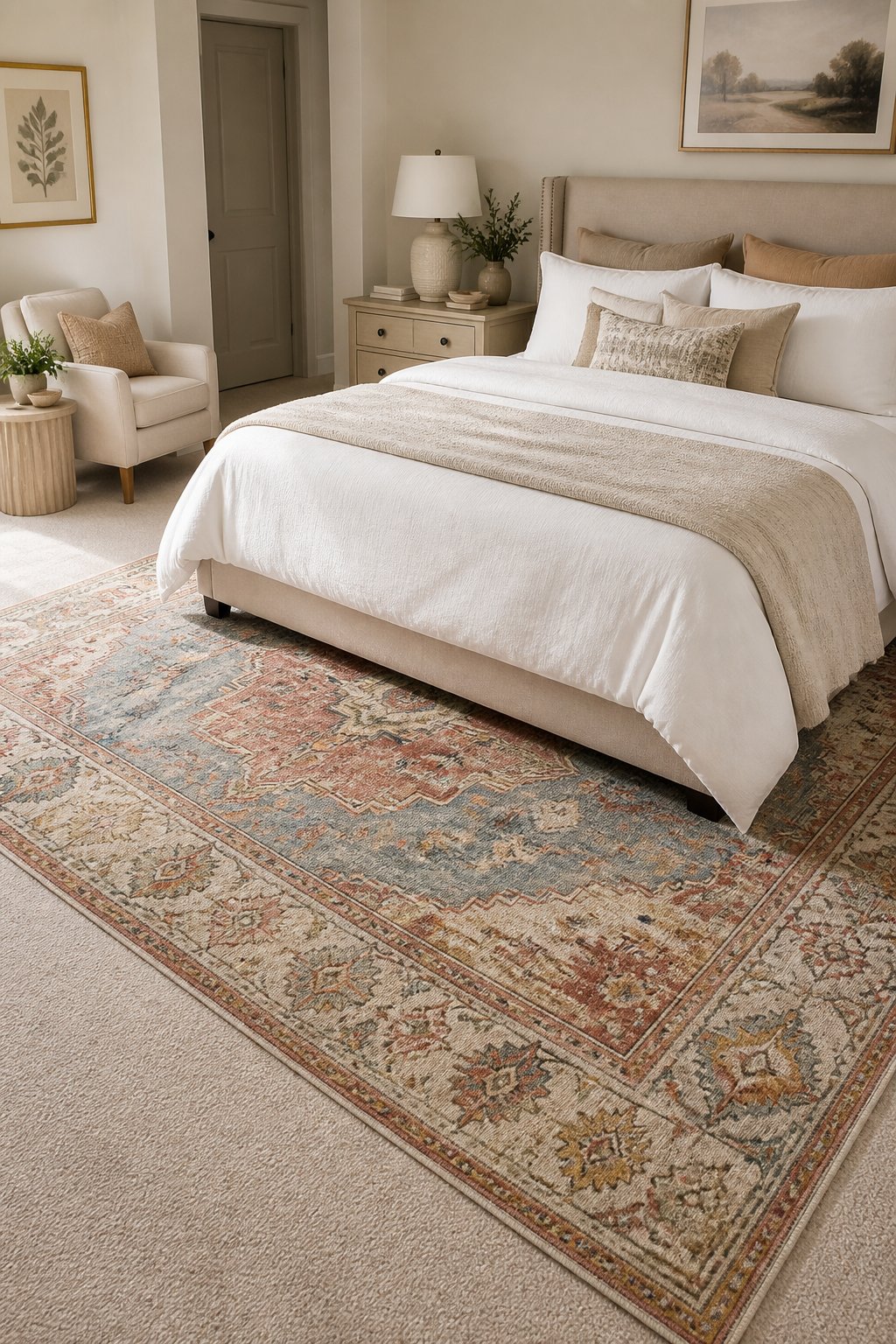 A colorful vintage-patterned rug layered over neutral carpet in a softly lit bedroom.