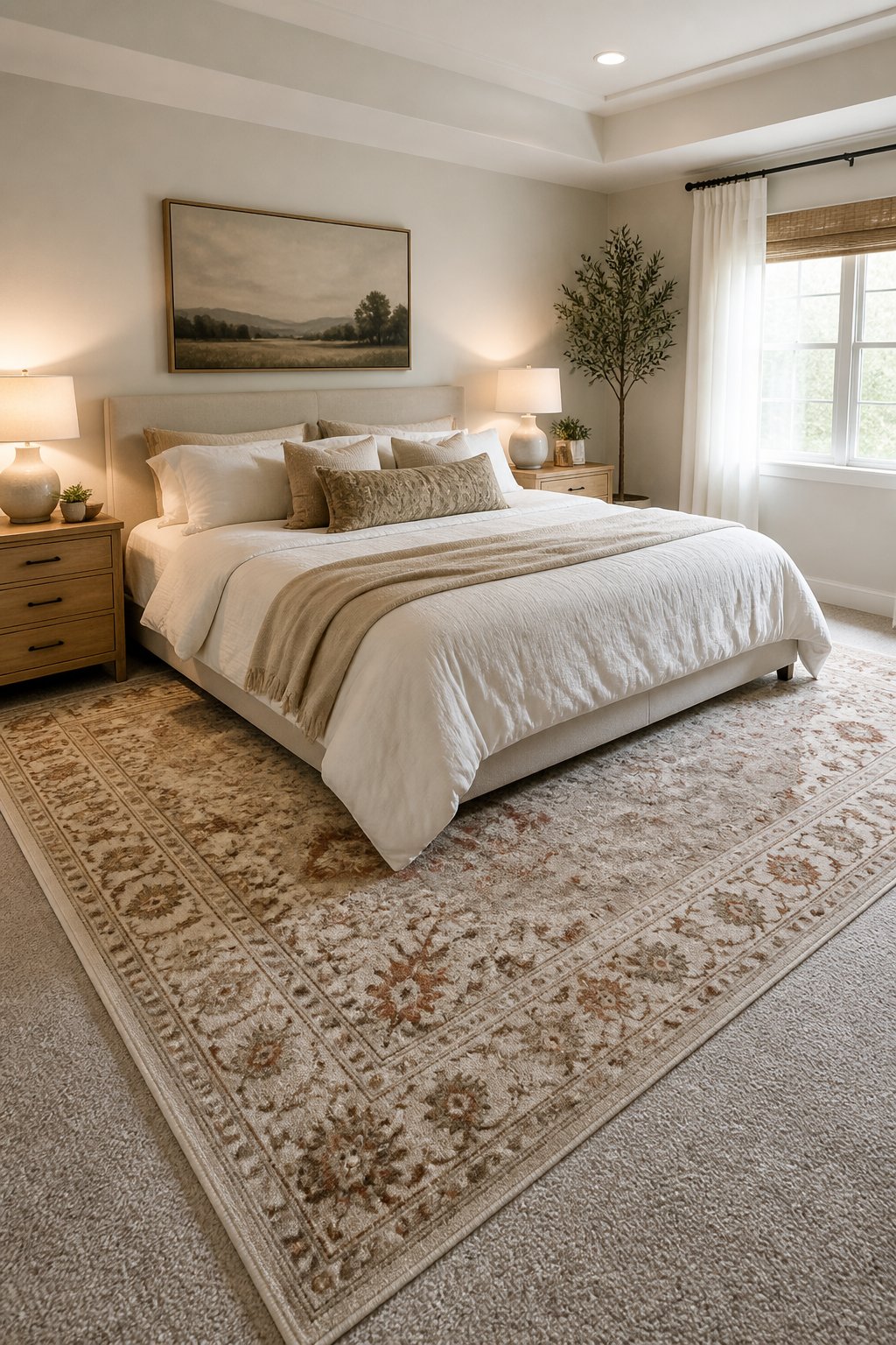 A king bed sits on a large patterned rug layered over carpet in a warmly decorated bedroom.