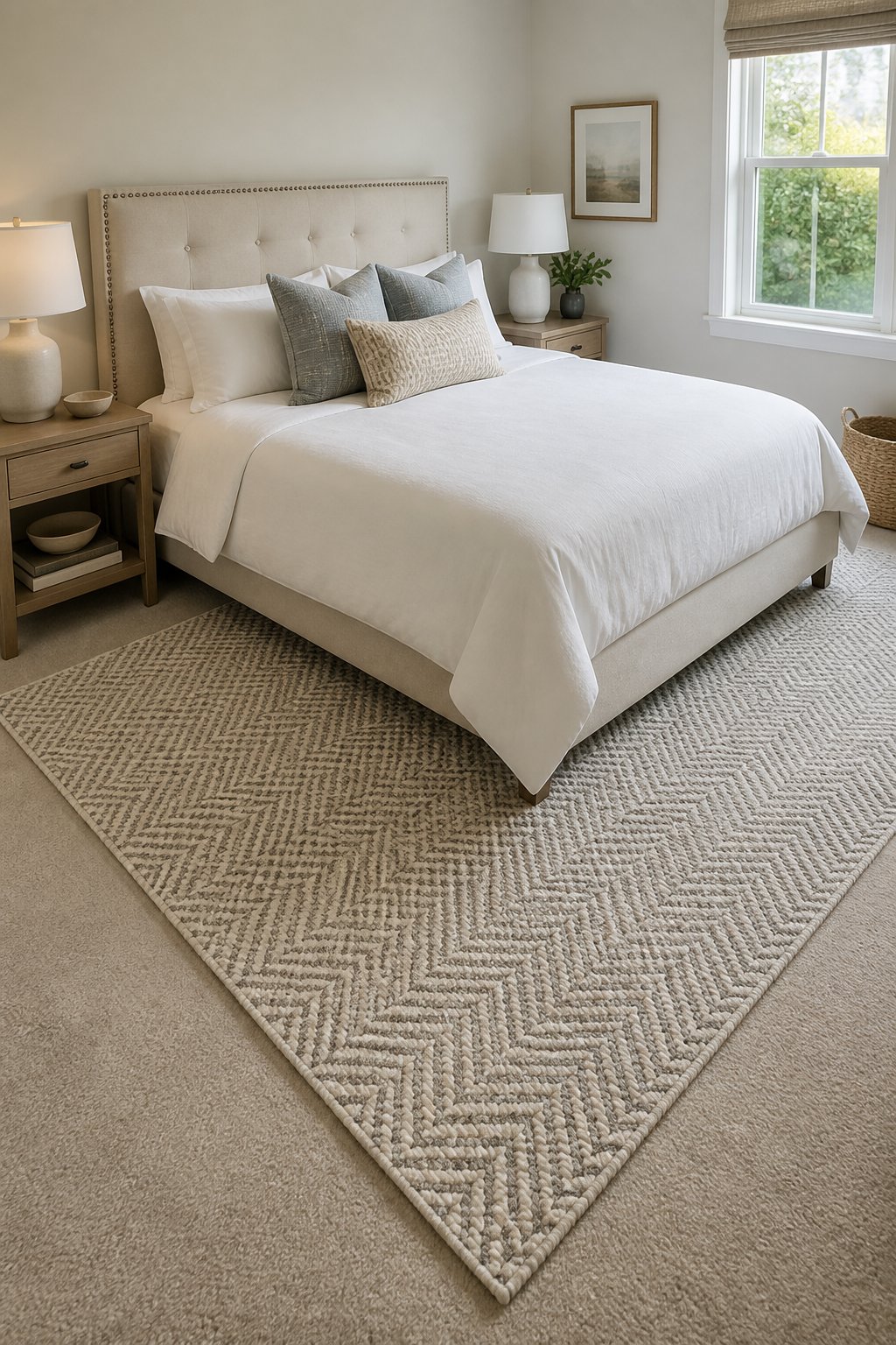 A small bedroom with a herringbone rug layered over beige carpet beside a neatly made bed.