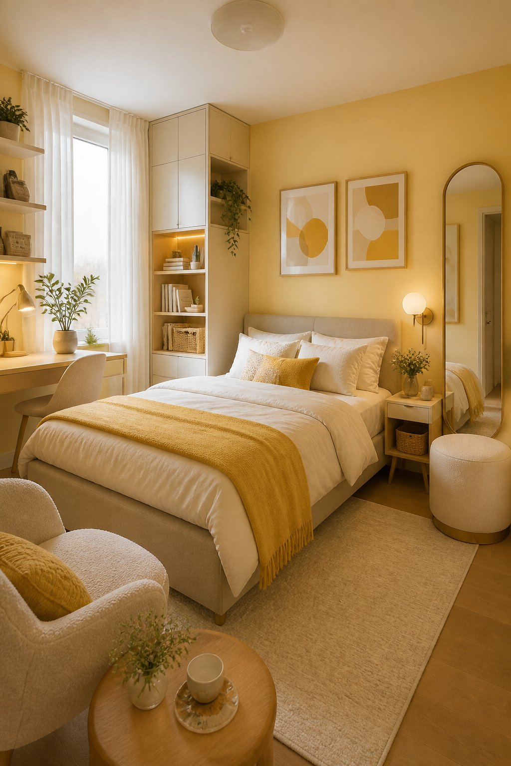 A small sunny yellow bedroom with a compact bed, smart storage, a desk, plants, and warm decor.