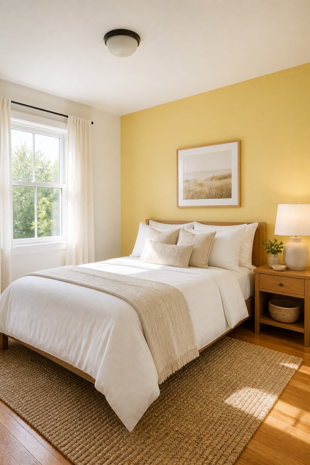 A small bedroom with one soft butter-yellow accent wall, a neatly made bed, and warm natural furnishings.