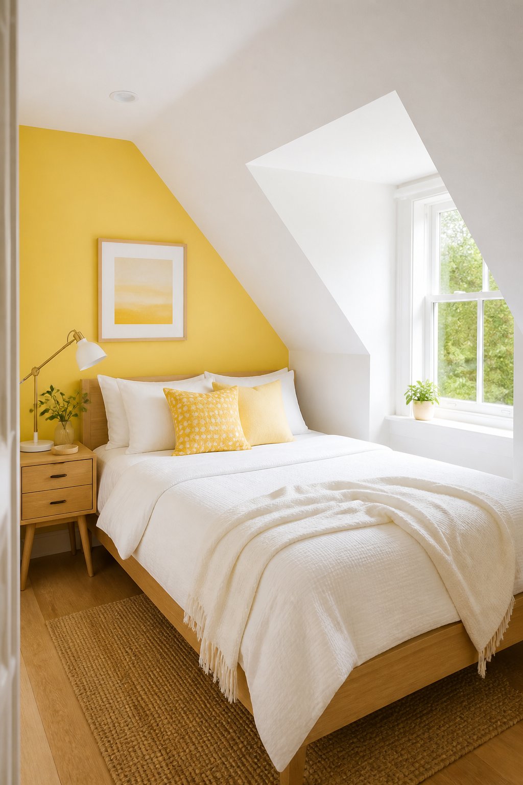 A small attic bedroom with canary yellow and white walls, a neatly made bed, and natural light.