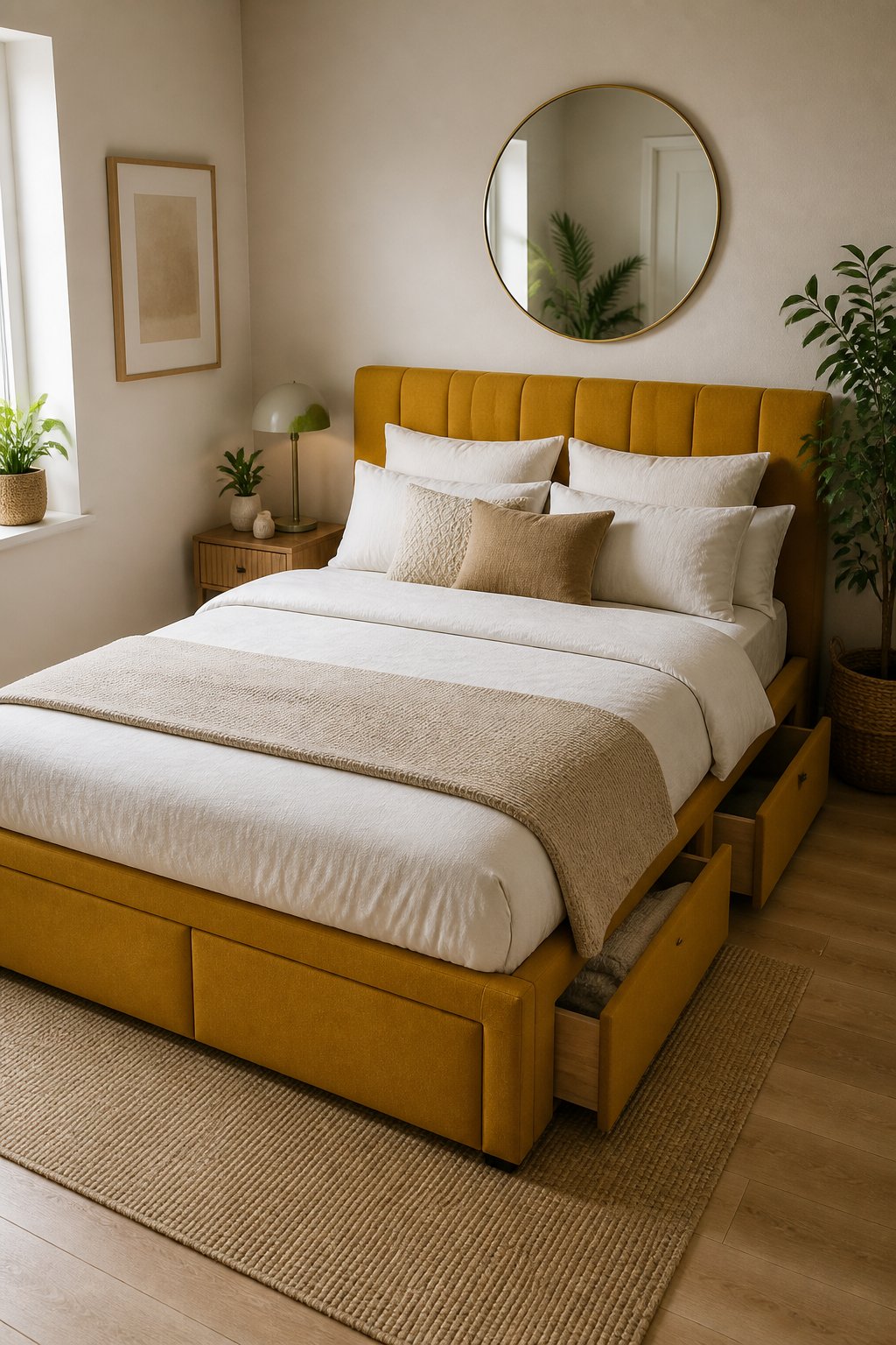 A small bedroom with a mustard yellow upholstered storage bed, neutral bedding, compact furniture, and a few green plants.