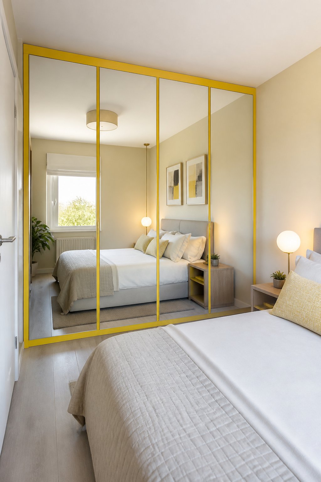 A small bedroom with a wall-to-wall mirrored wardrobe framed by bright yellow trim.