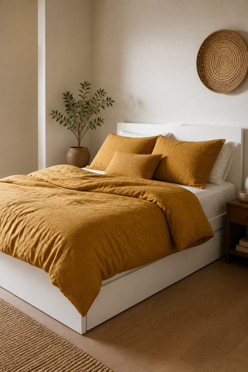 A small bedroom with a white platform bed covered in ochre yellow linen bedding.