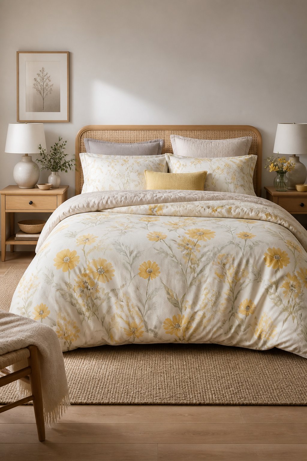 A neutral bedroom with a neatly made bed featuring a yellow floral duvet cover.