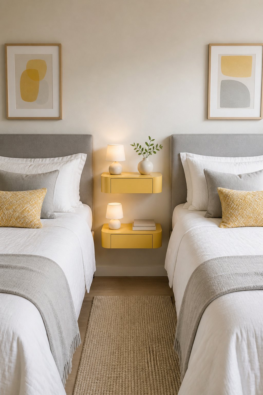 A compact bedroom with two twin beds and matching floating yellow nightstands between them.