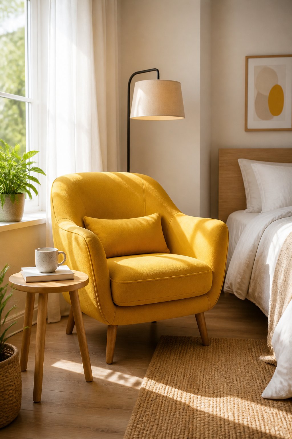 A sunny bedroom reading nook with a yellow accent chair beside a window.