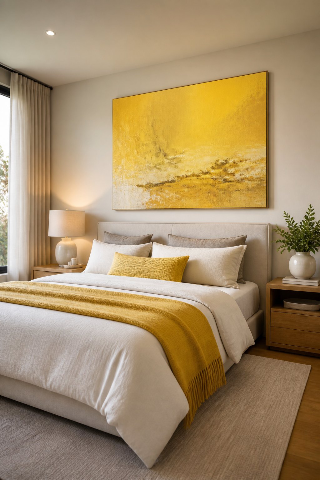 A small bedroom with a neatly made bed and oversized yellow artwork hanging above it.