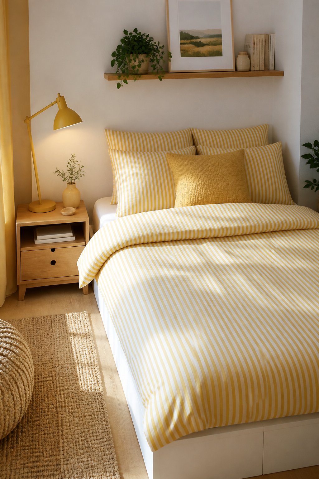 A compact bedroom with a neatly made bed covered in yellow and white striped bedding.