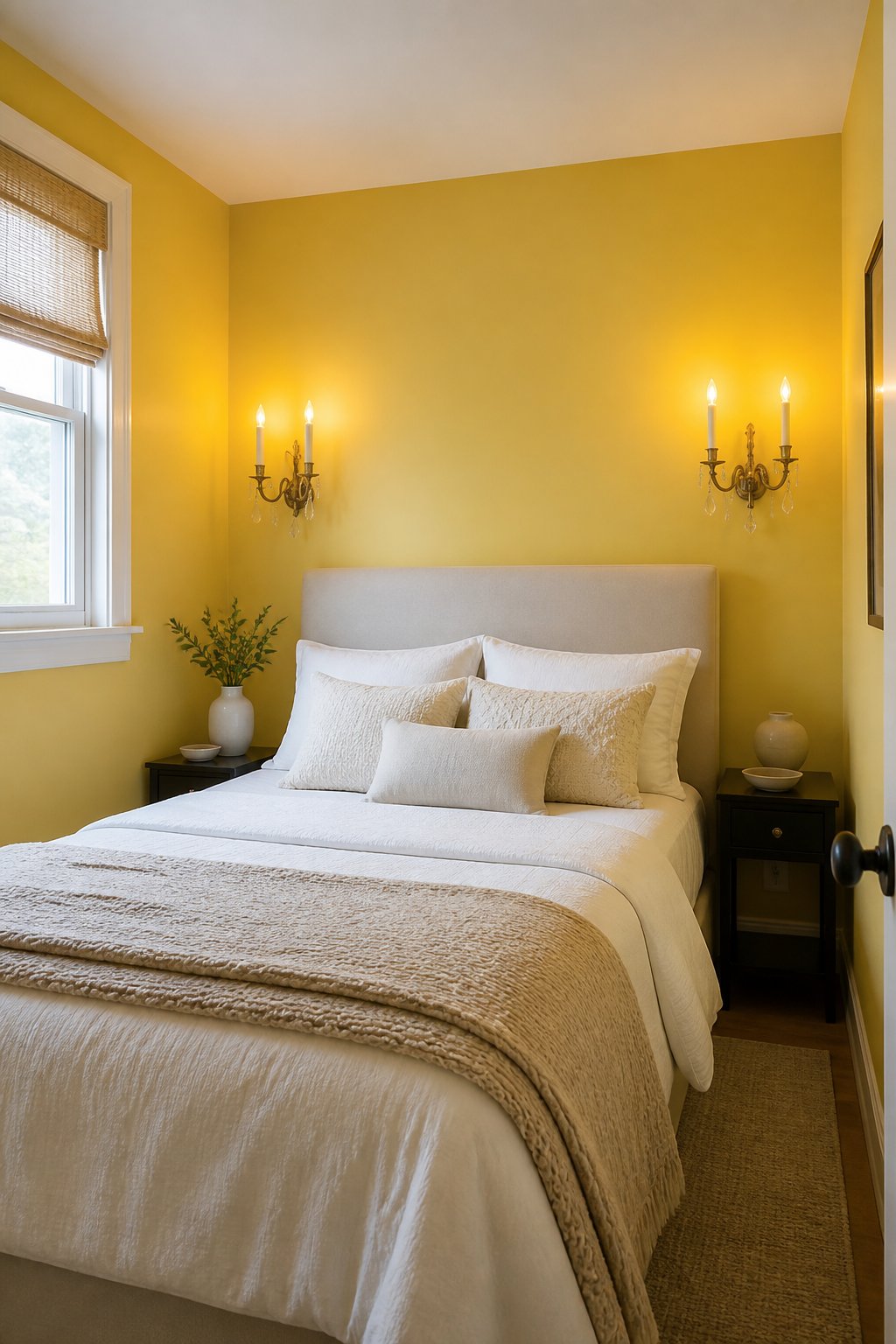 Small yellow bedroom with two glowing candle-style wall sconces above the bed.