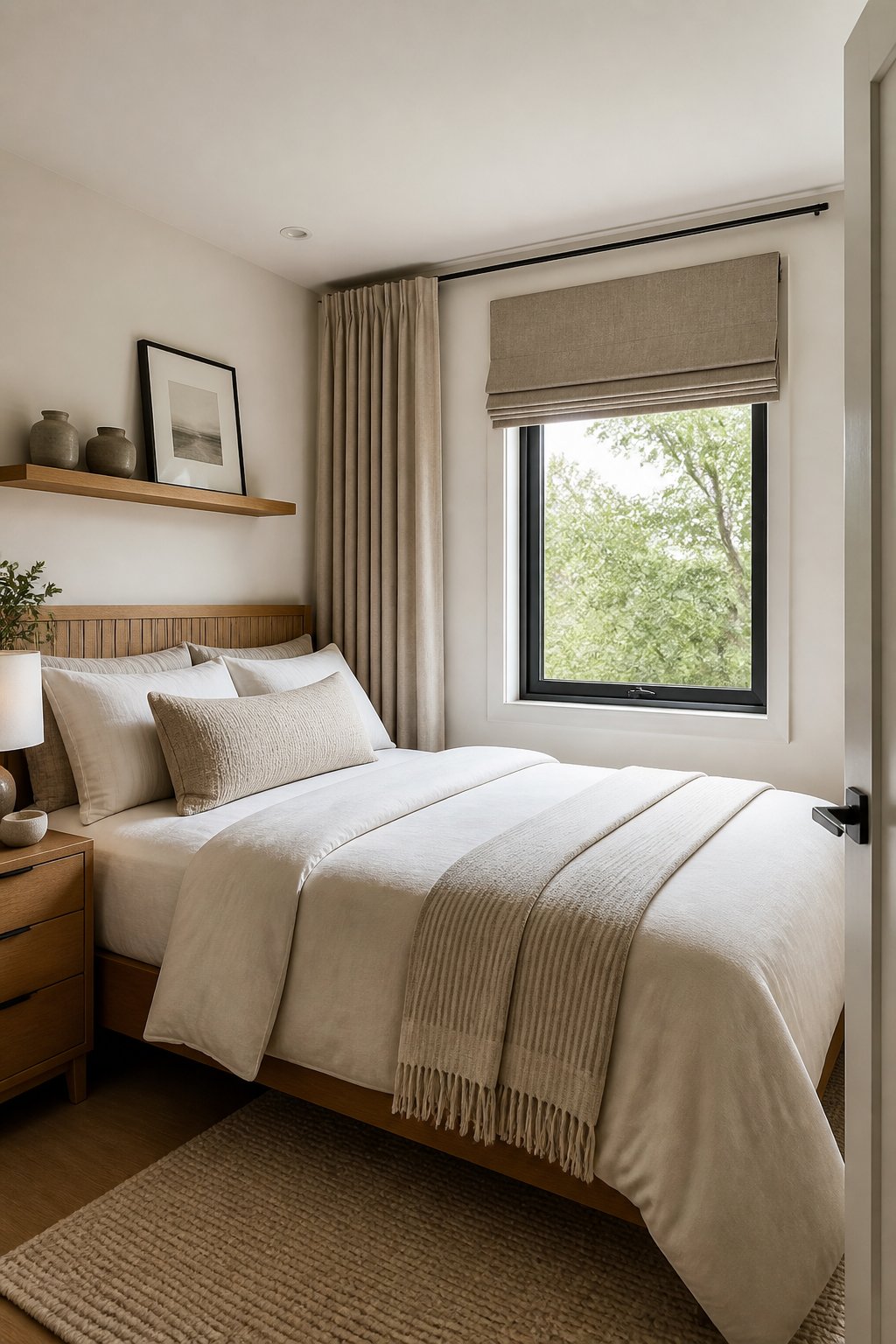 A cozy small bedroom with a compact window, soft curtains, a neatly made bed, and natural light.