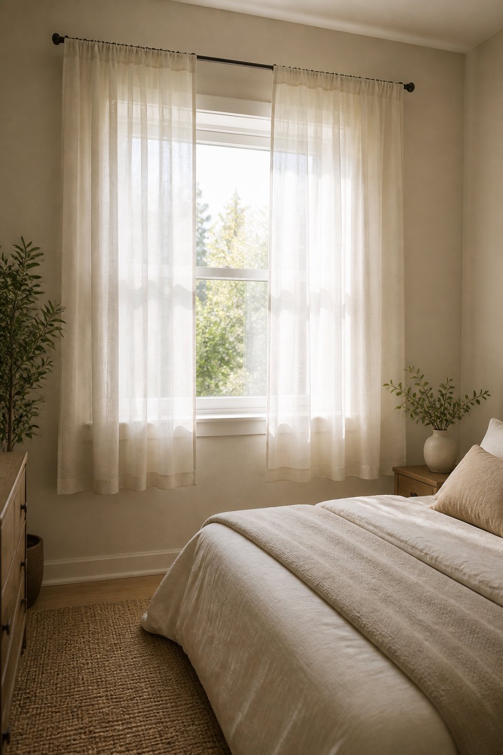 A small bedroom with a single window covered by sheer linen curtains.