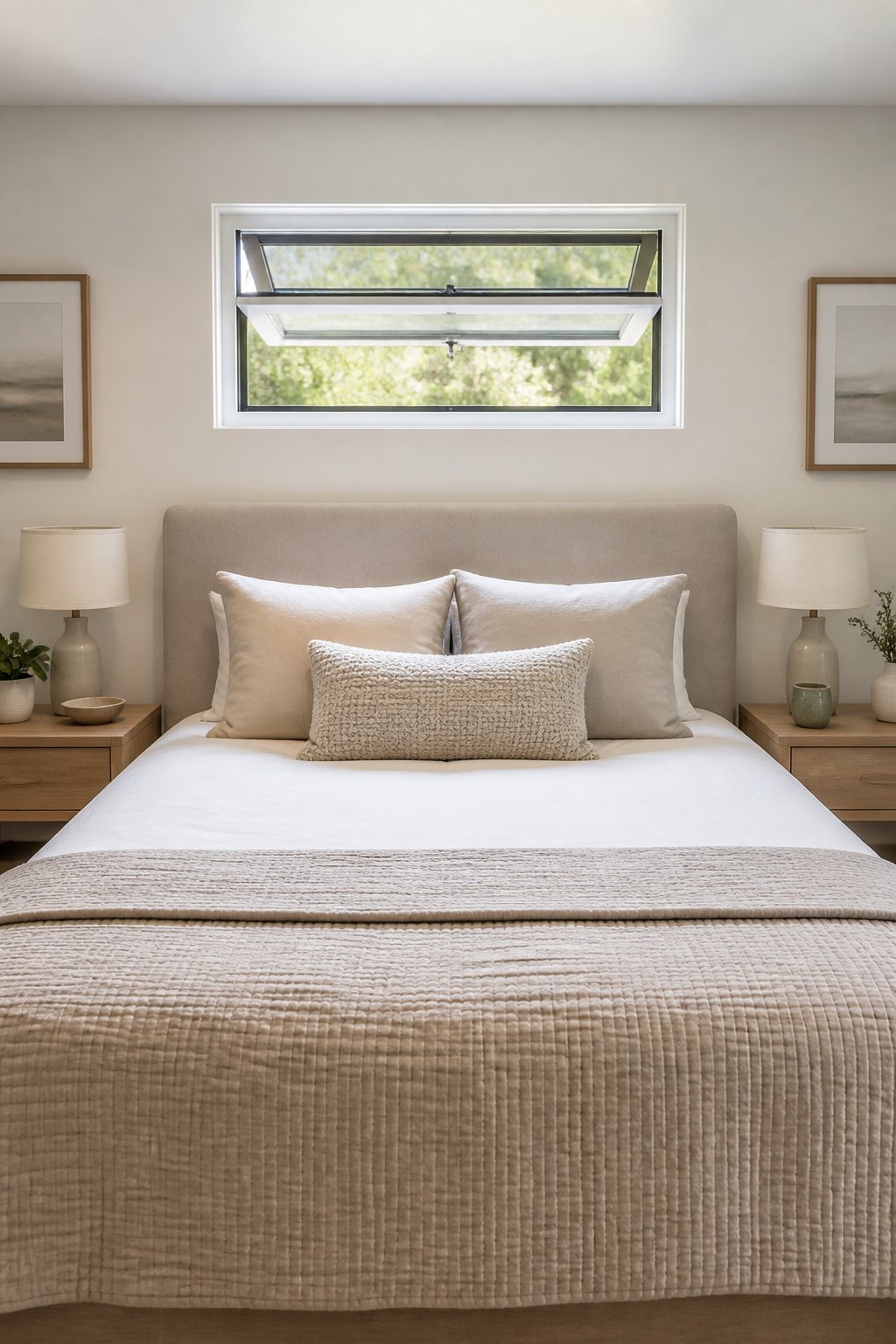 A small bedroom with a top-hinged window above the bed.