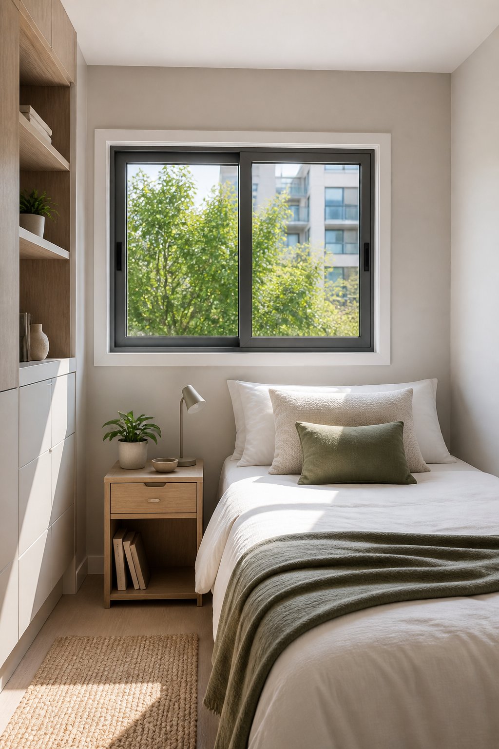 A compact bedroom with a horizontal sliding window and space-saving furniture.