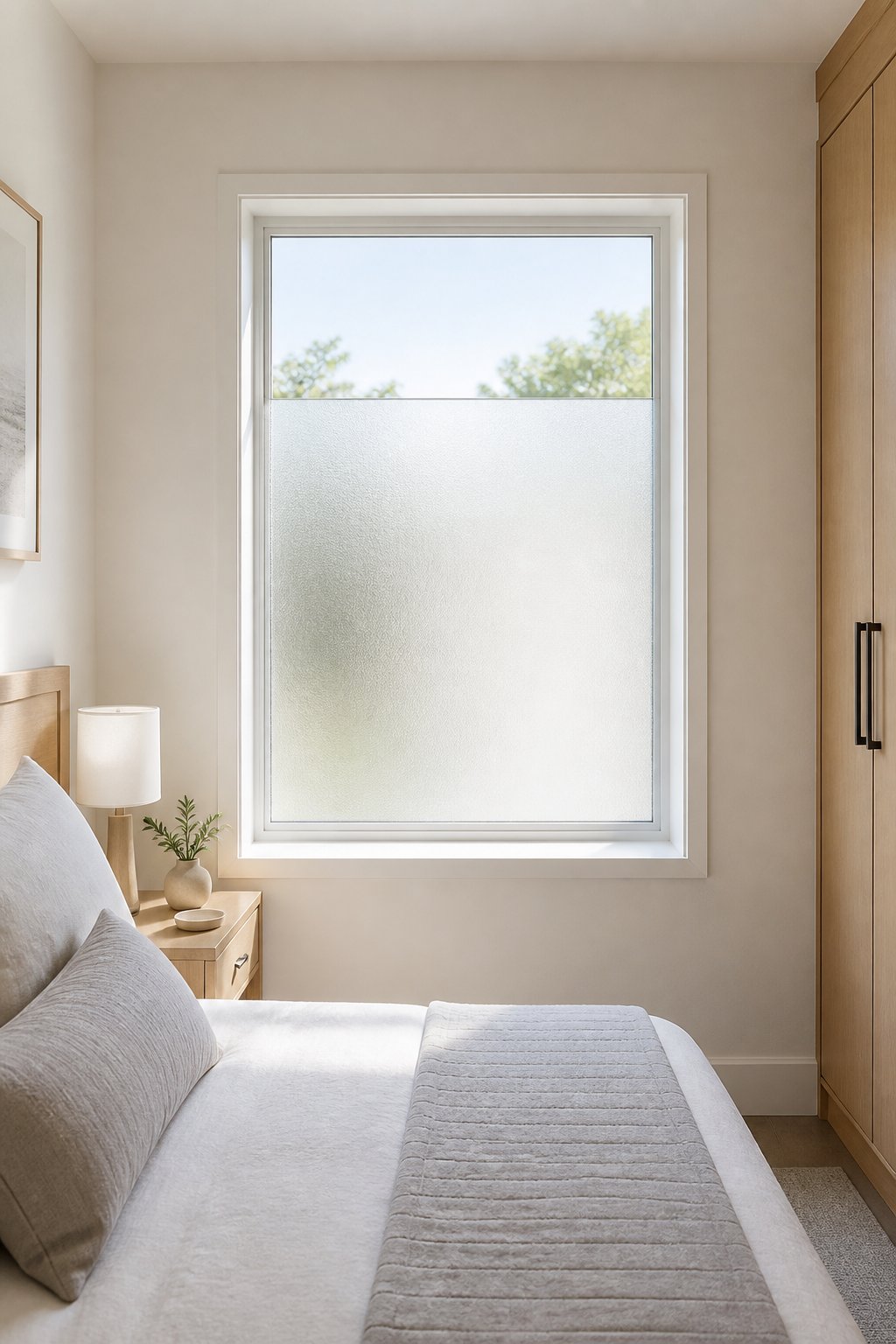 Small bedroom with a window covered in frosted film and a clear strip along the top.