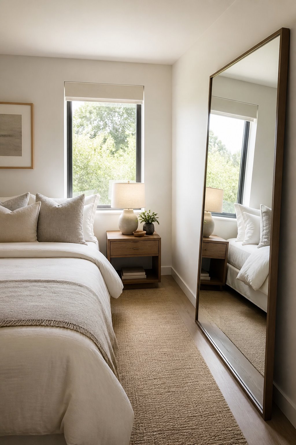 A small bedroom with a tall mirror placed opposite a compact window.