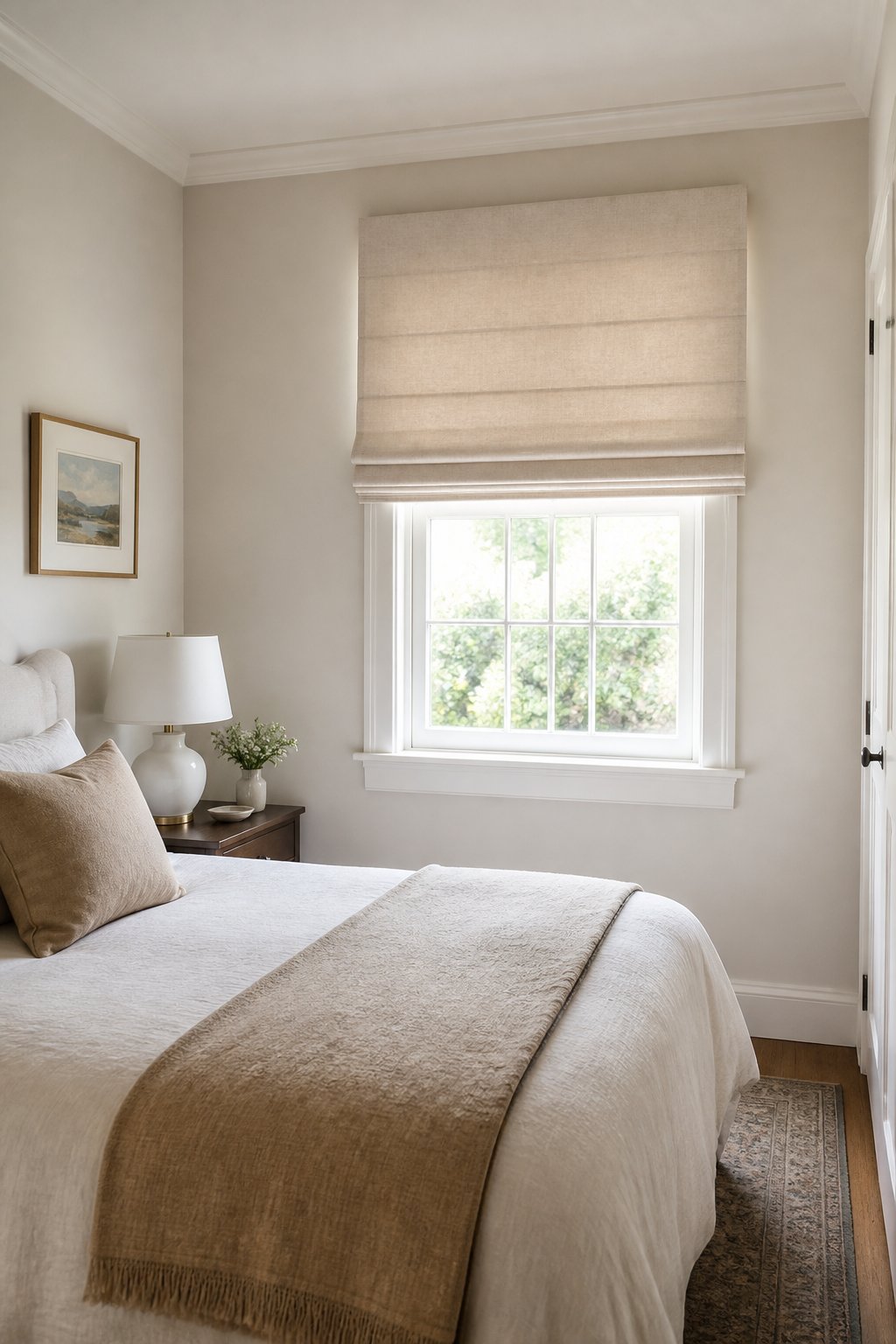 A small bedroom with a Roman shade mounted above the window frame.