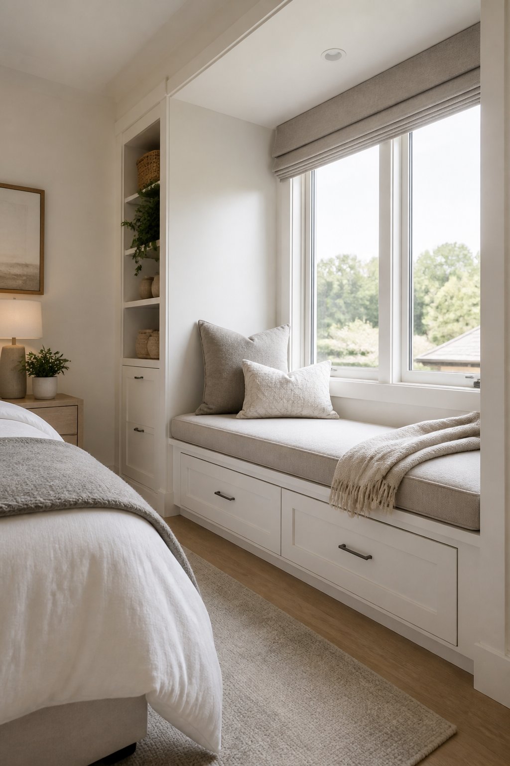 A small bedroom with a cushioned built-in window seat and drawers underneath.