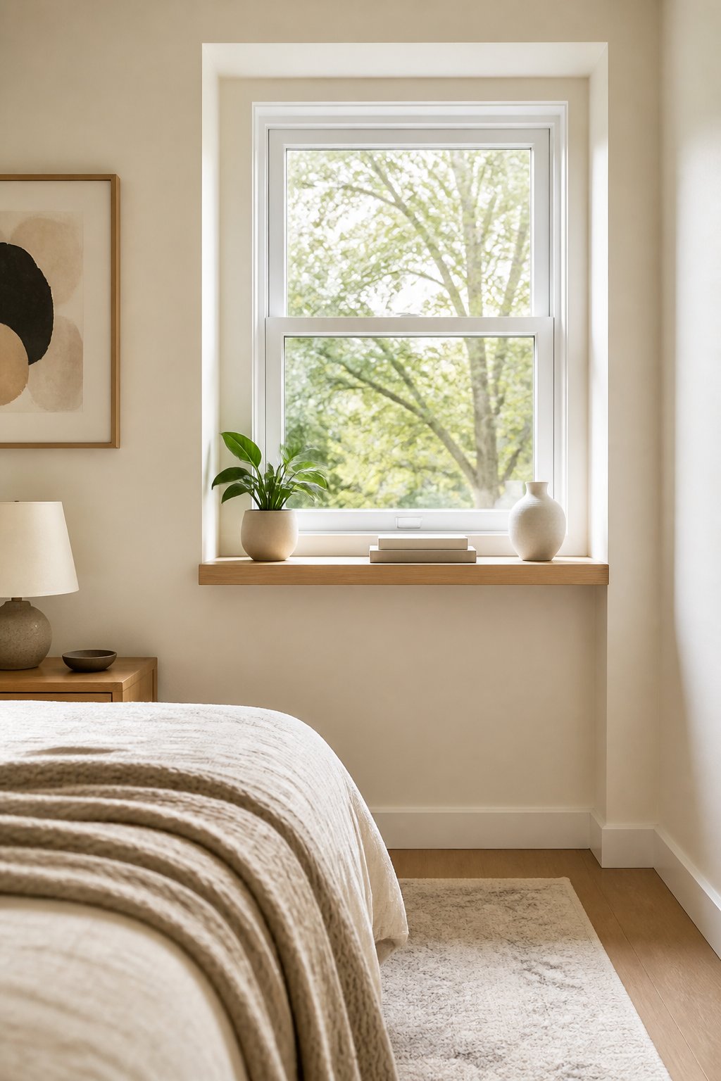 A small bedroom with a narrow wooden floating shelf beneath a window.