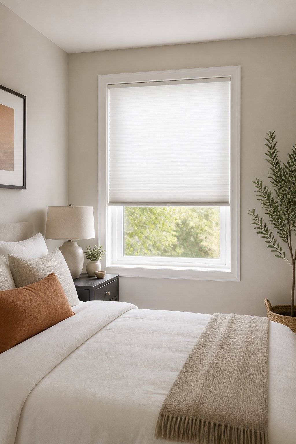 A small bedroom with a window covered by white cellular shades that softly filter daylight.