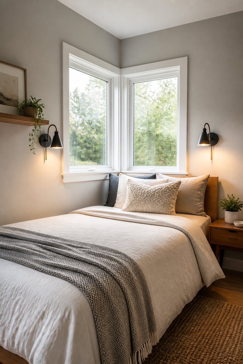 A small bedroom with a corner window and two wall-mounted reading lights.