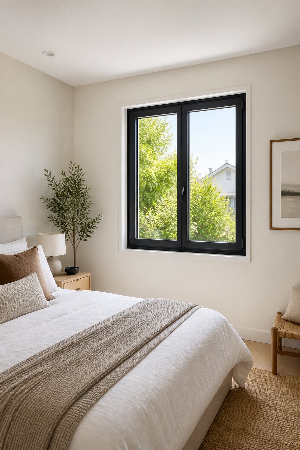 A small modern bedroom with a black-framed casement window, a neatly made bed, and a compact nightstand.