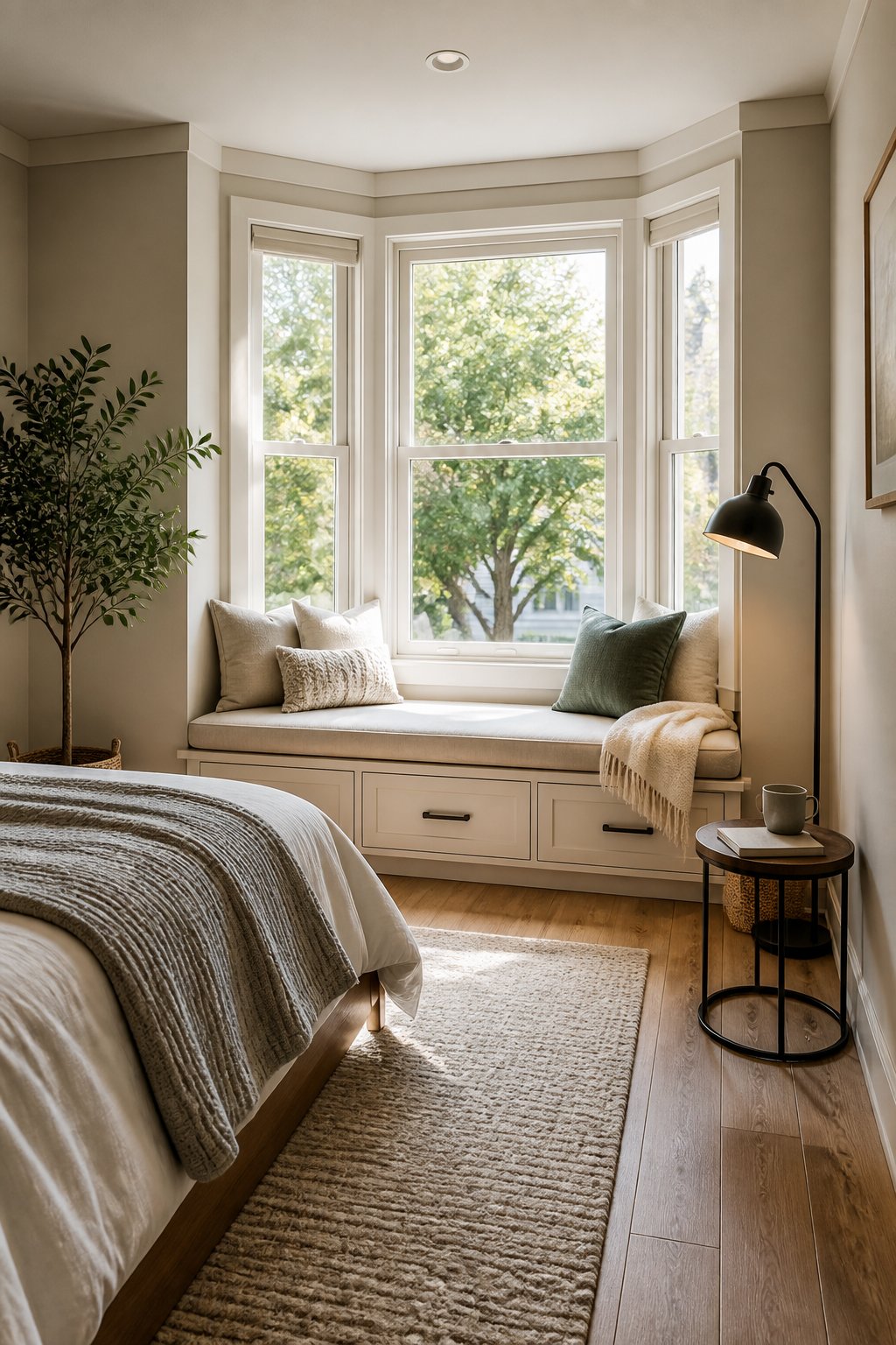 A cozy bay window reading nook with a cushioned seat, pillows, and built-in storage drawers in a small bedroom.