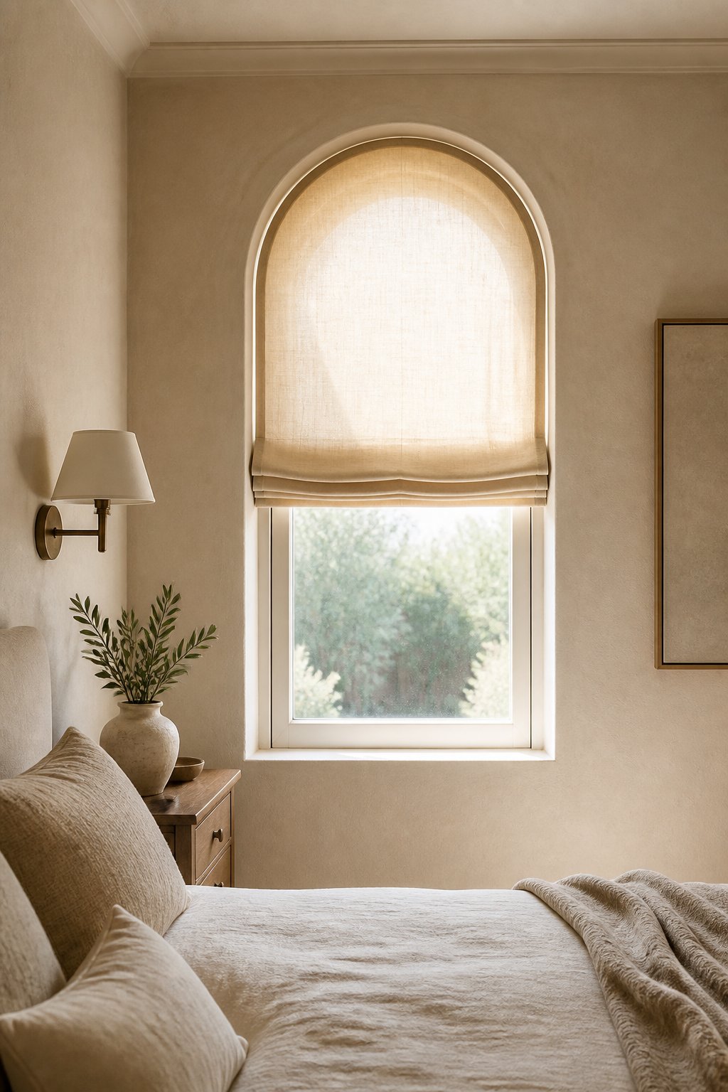A small bedroom with an arched window covered by a soft fabric shade.