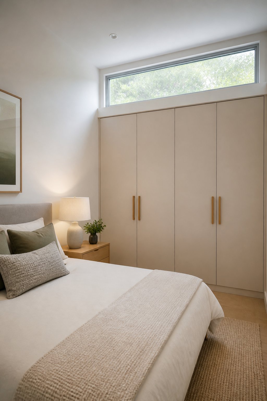 A small bedroom with a high window above a built-in wardrobe.