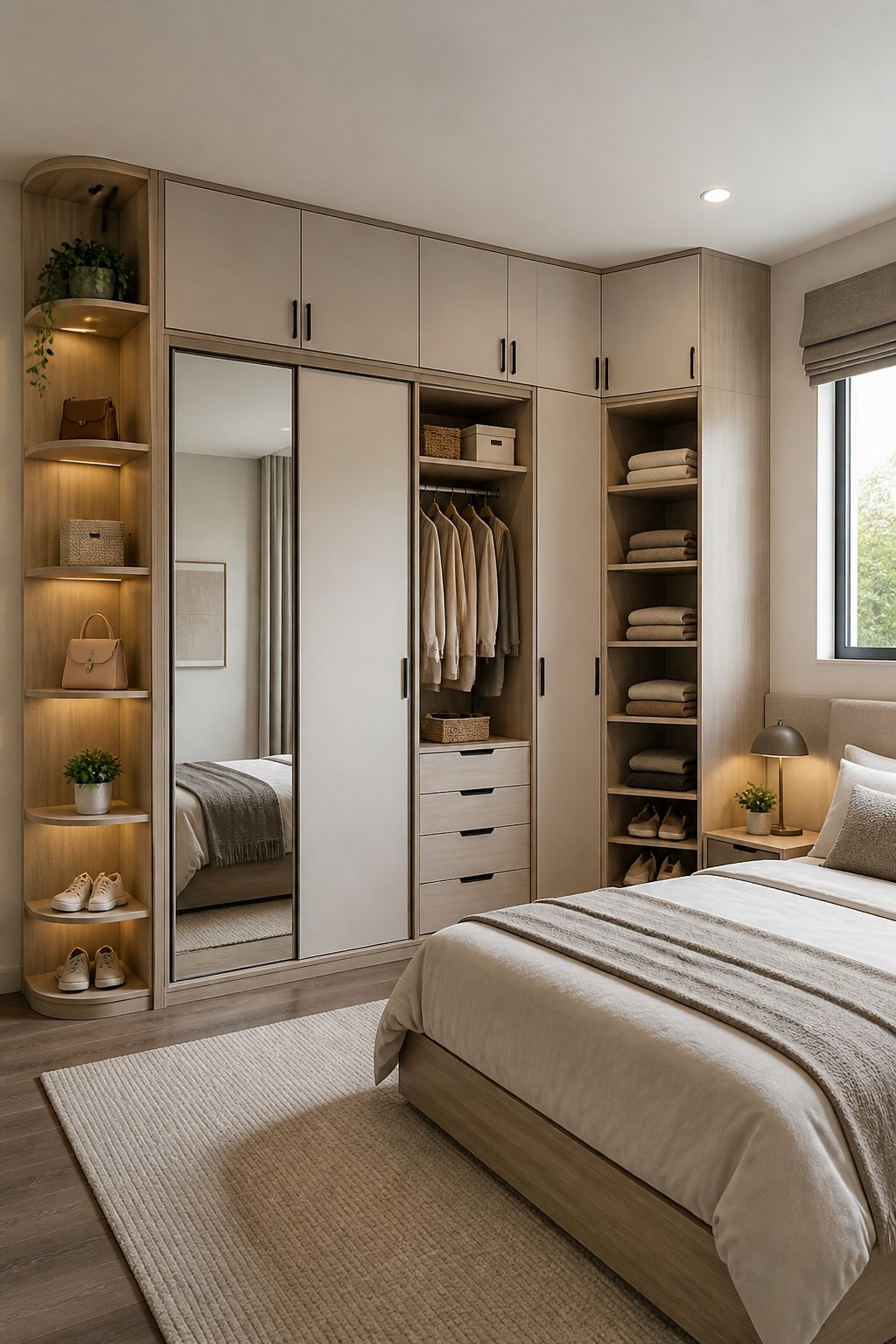 A small bedroom with a compact, neatly organized built-in wardrobe and space-saving storage features.