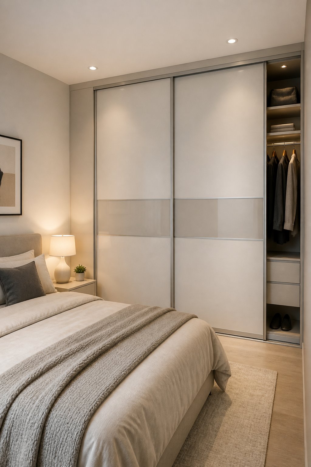A compact bedroom with a floor-to-ceiling sliding-door wardrobe along one wall.