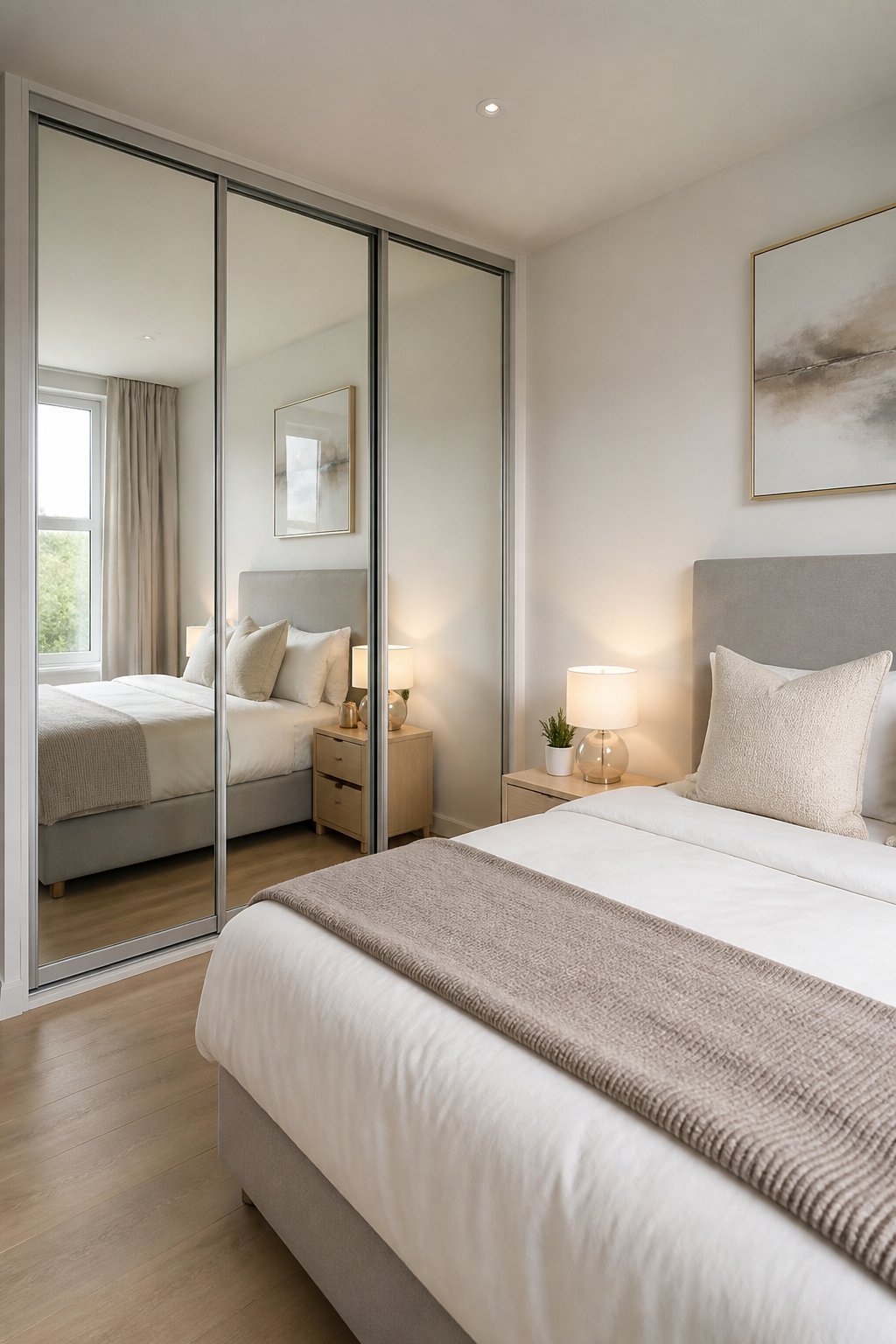 A compact modern bedroom with a large mirrored sliding-door wardrobe.