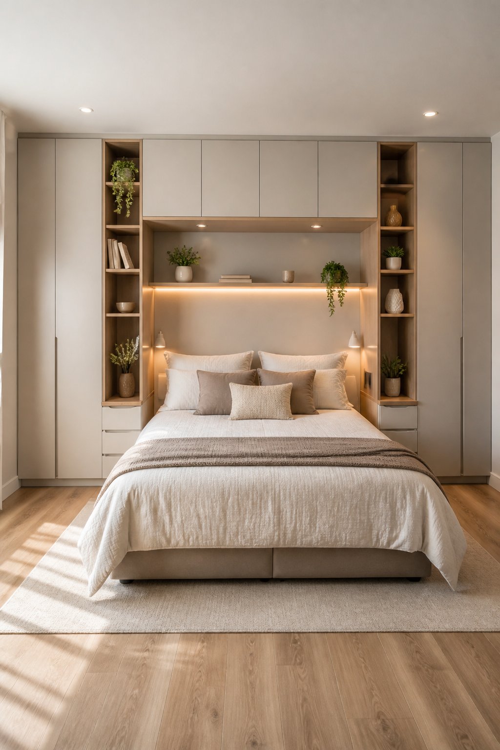 A small bedroom with a bed surrounded by built-in wardrobes.
