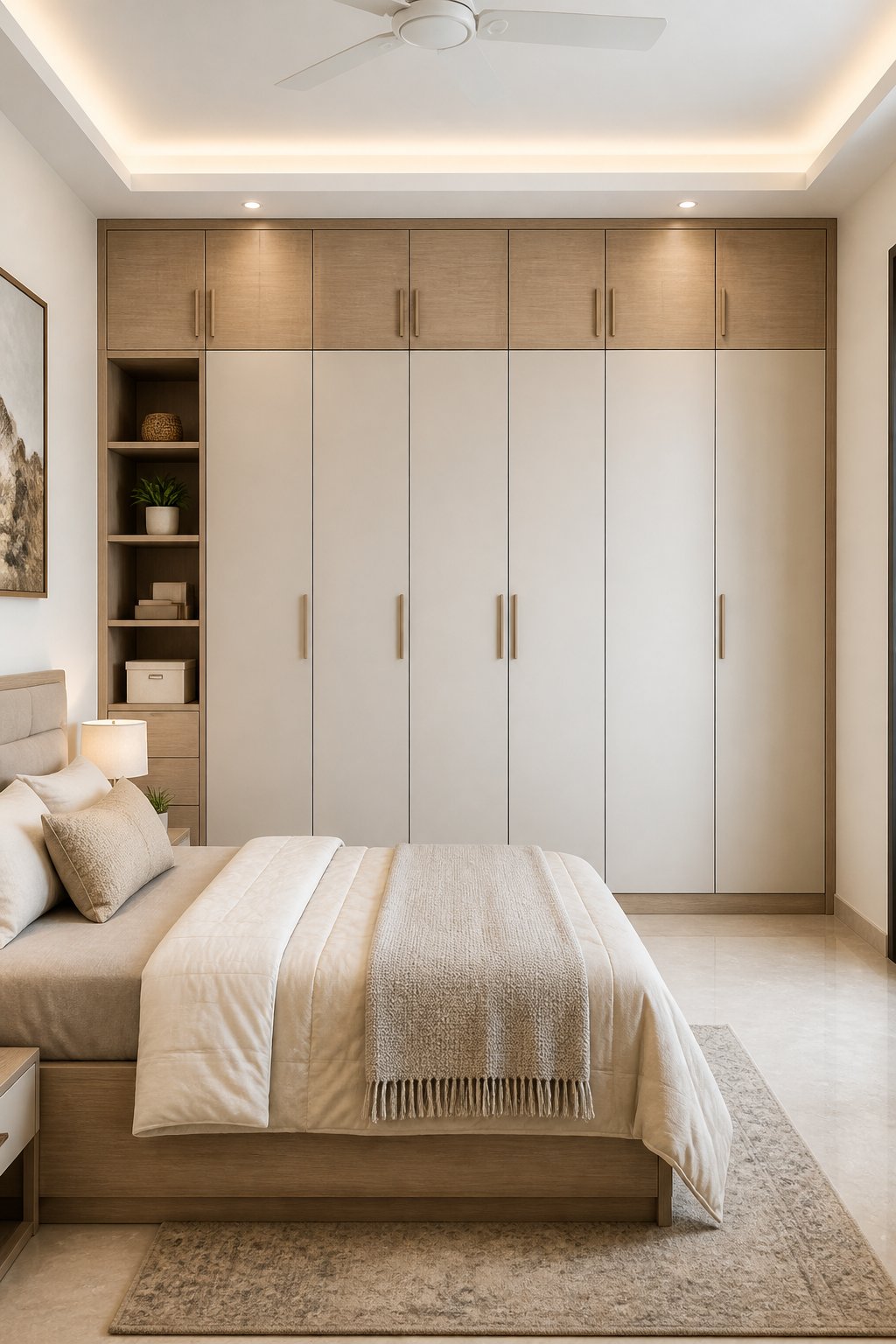 A small bedroom with a wall-to-wall fitted wardrobe and overhead loft cabinets.