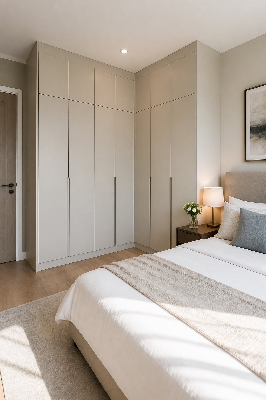 A small bedroom with a corner L-shaped wardrobe beside a neatly made bed.