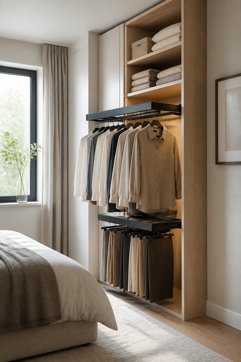 A compact shallow wardrobe with pull-out clothing rails in a small bedroom.