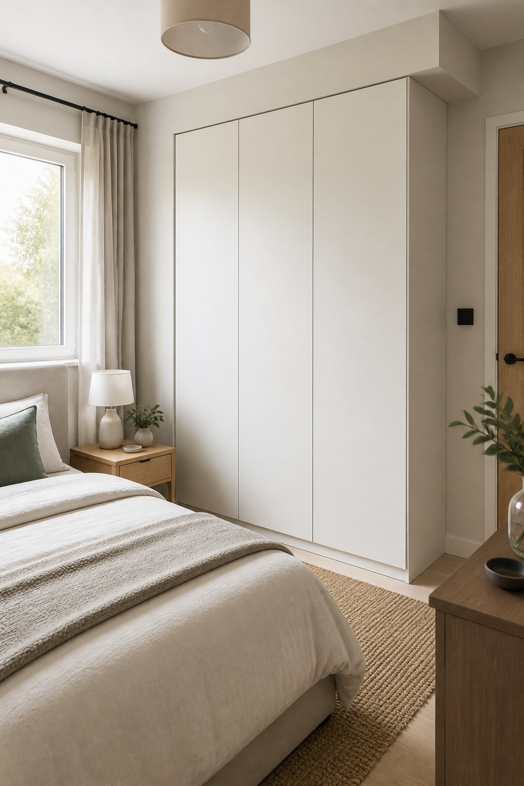 A small bedroom with a sleek matte-white wardrobe beside a neatly made bed.