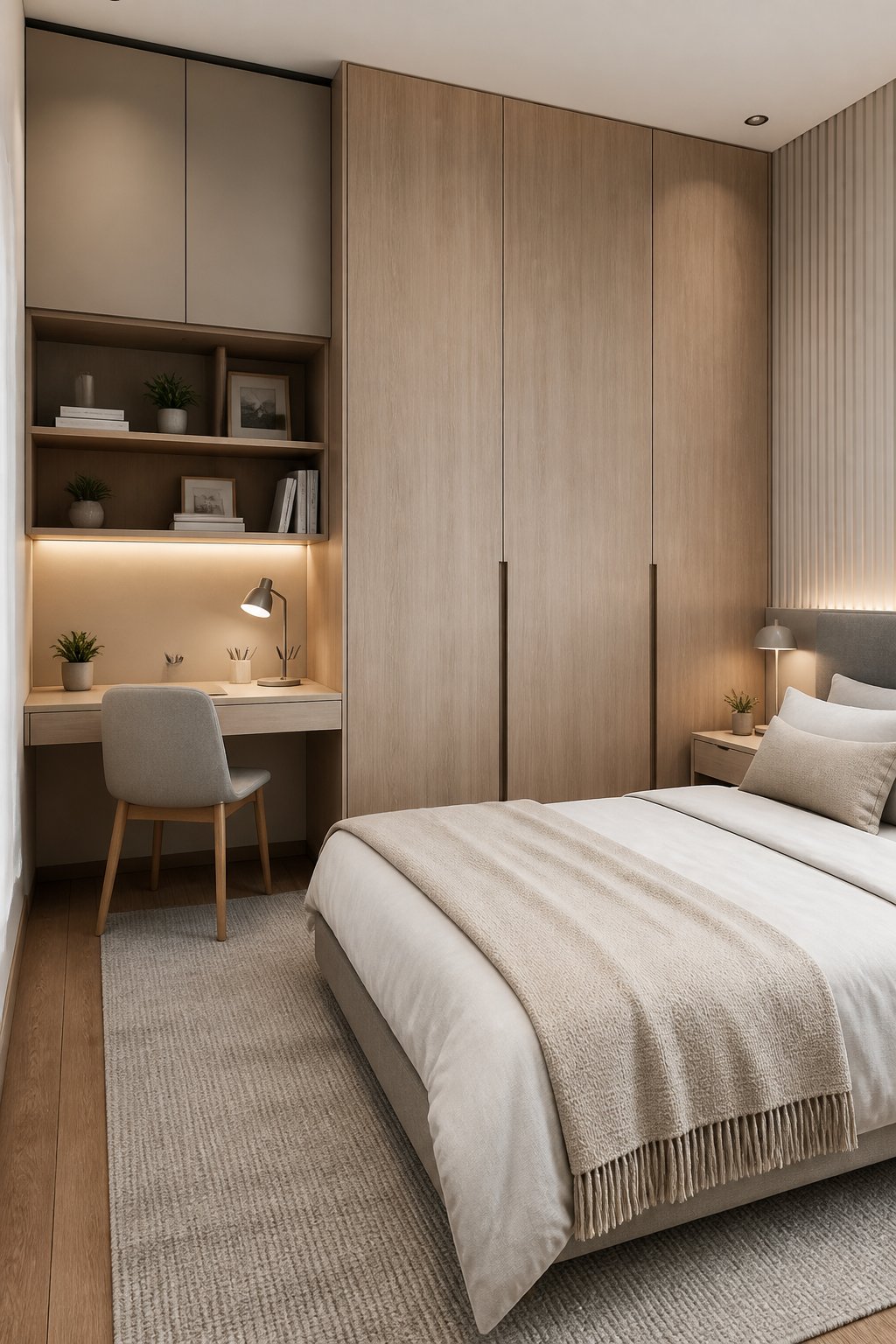 A compact bedroom with a built-in wardrobe that includes an integrated study desk.