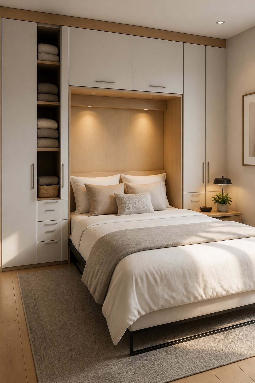 A compact bedroom with a built-in wardrobe surrounding a lowered fold-down bed.