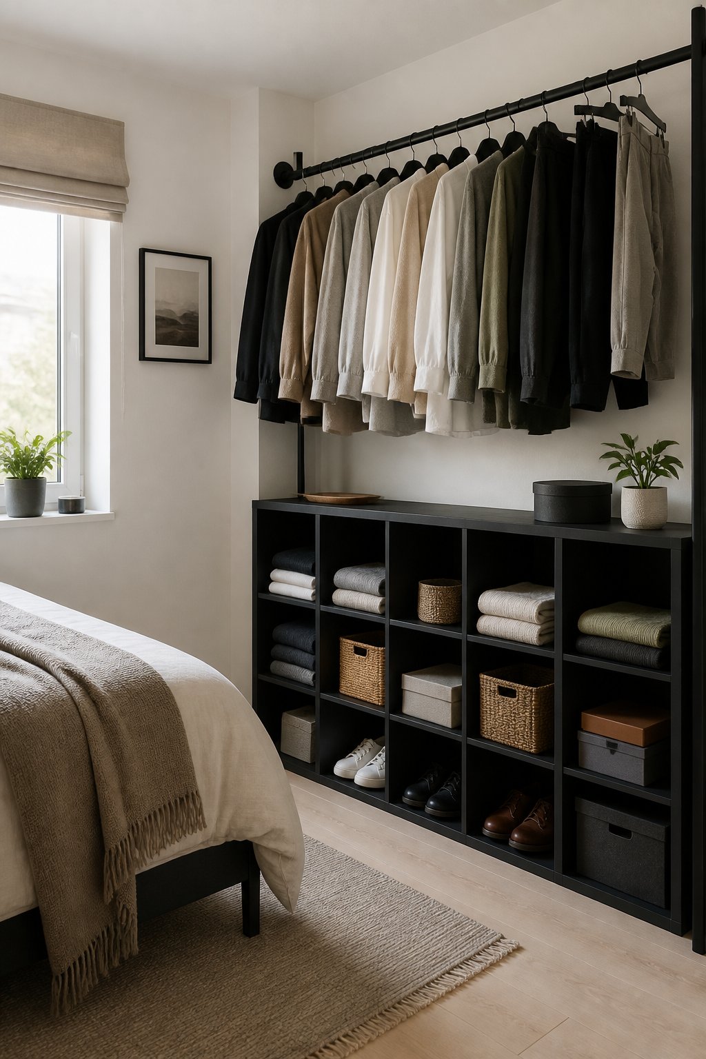 Small bedroom with an open clothes rail beside modular cube storage filled with neatly arranged clothing and accessories.